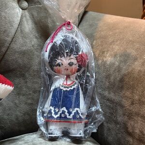 Handpainted Doll in Blue Dress with Red Hair Flower